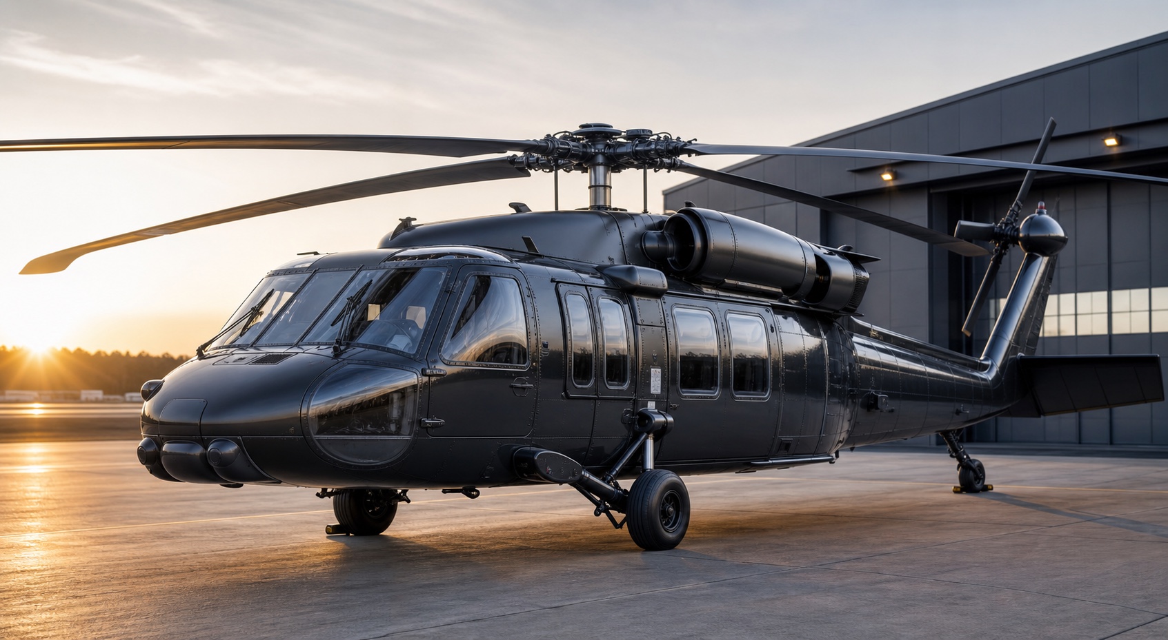 Black Black Hawk helicopter presented after professional helicopter detailing