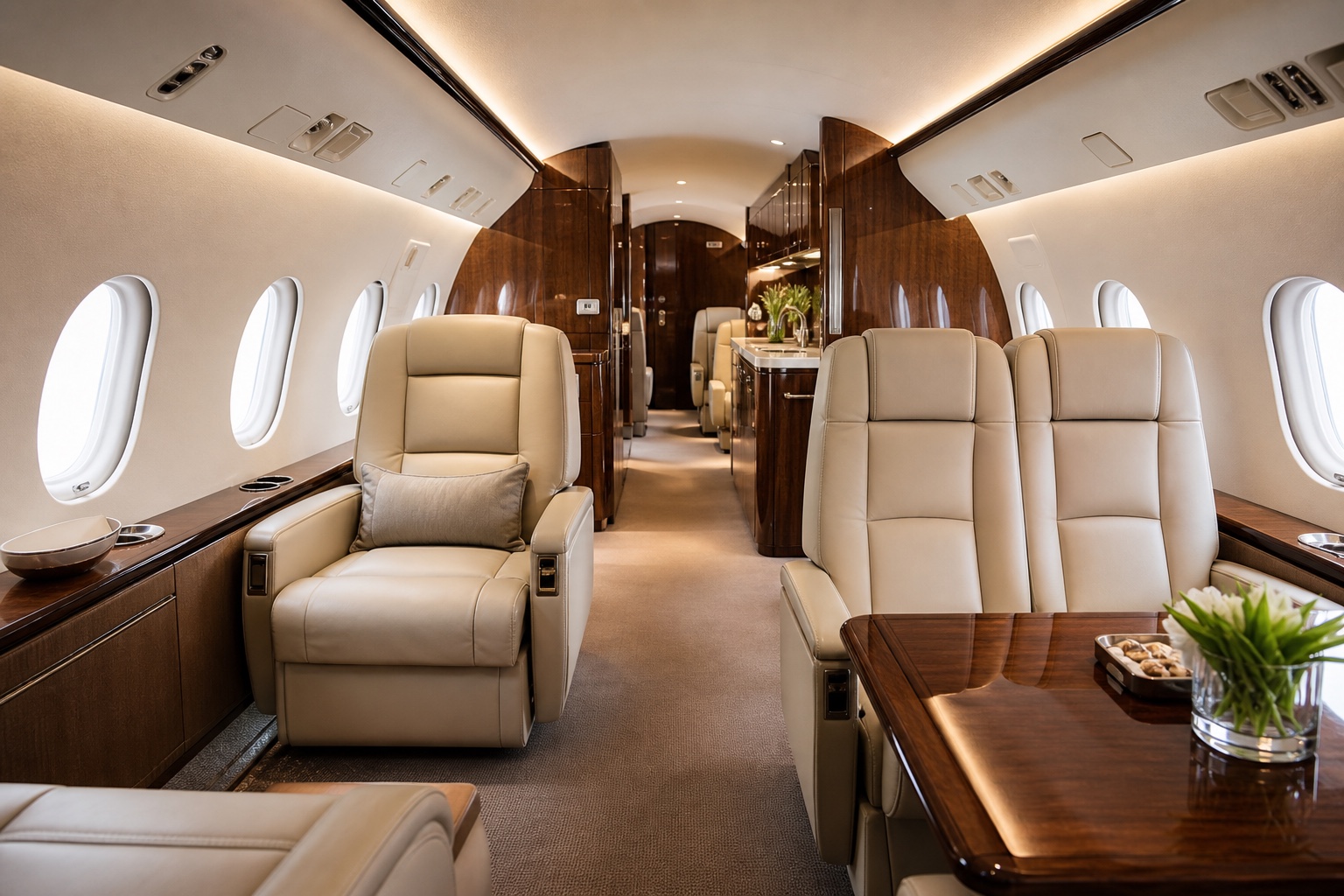 Luxury private jet cabin prepared by an aircraft interior detailing service